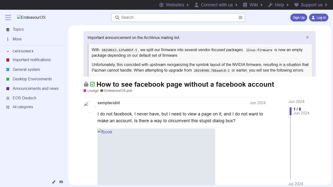 How to see facebook page without a facebook account - Lounge / EndeavourOS pub - EndeavourOS
